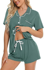 Women's Lapel Pyjama Set - Short Sleeve Top and Shorts Loungewear, Thirteen Patterns, XS-3XL - Amora