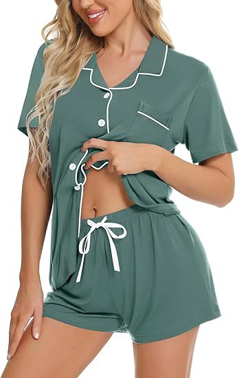 Women's Lapel Pyjama Set - Short Sleeve Top and Shorts Loungewear, Thirteen Patterns, XS-3XL - Amora
