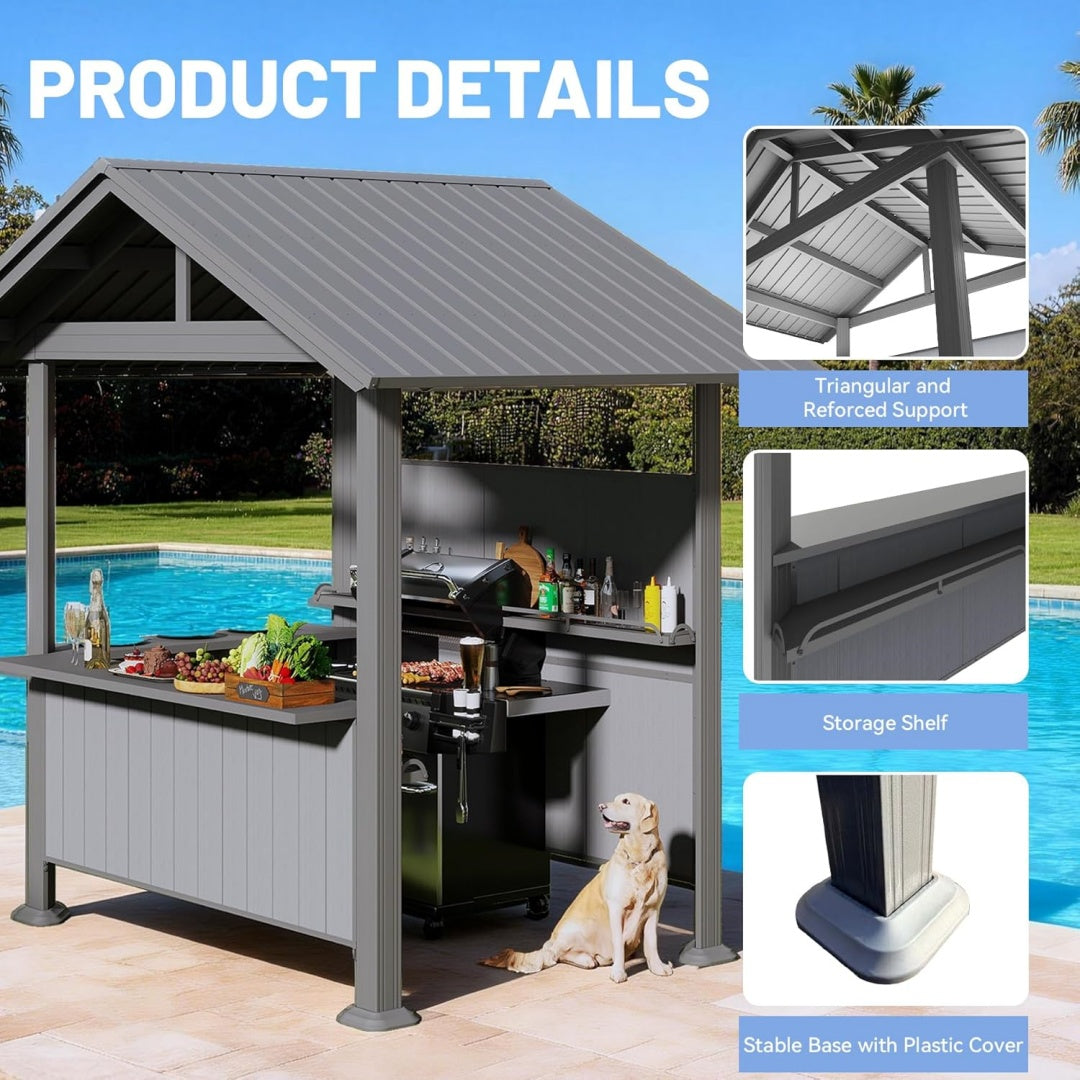 9.4X6.2 FT Hardtop Grill Gazebo, Gable Outdoor Grill Gazebo with Storage Shelves & Resin Shade System, Galvanized Steel Metal Hard Top Gazebo for Patio Garden -Grey