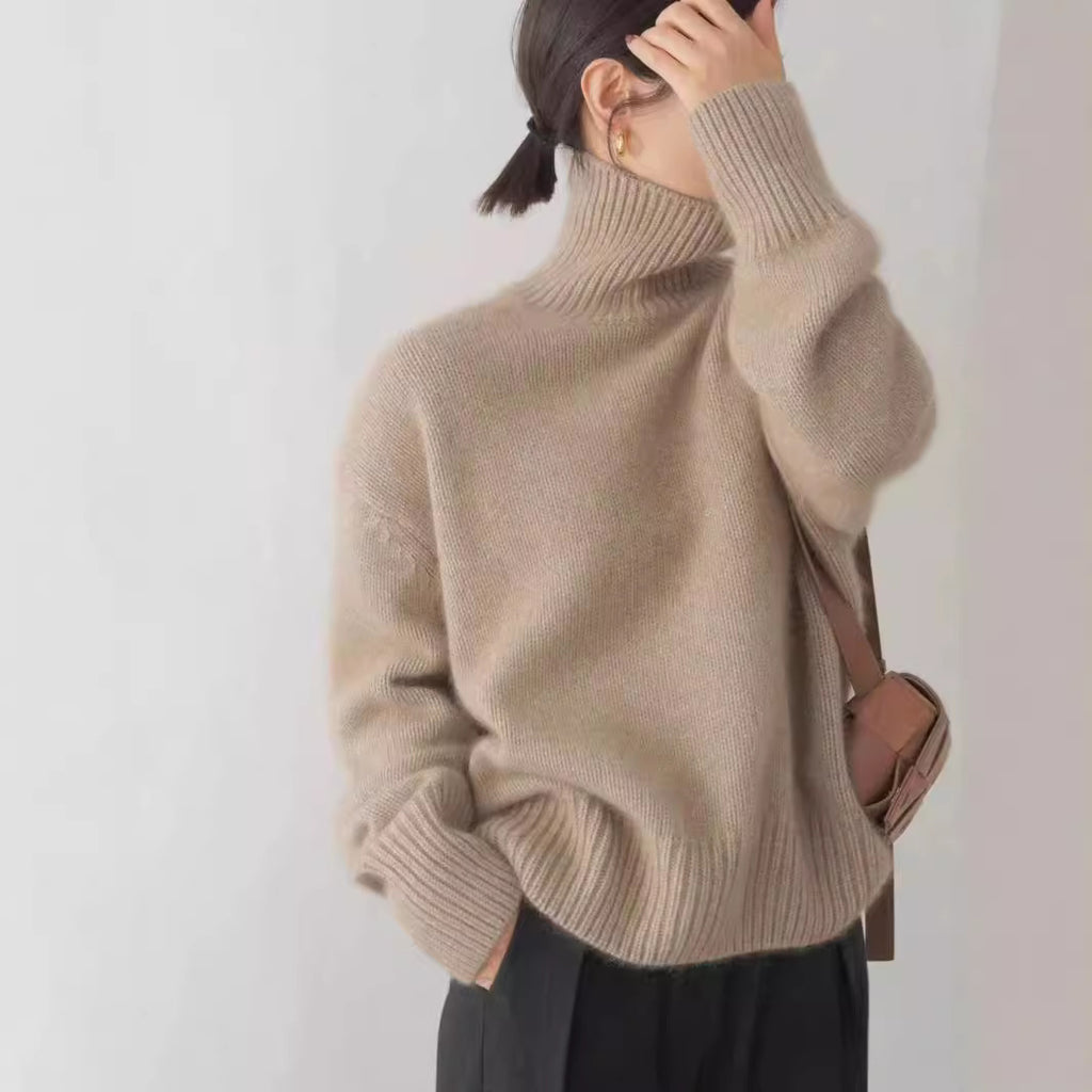 Women's Wool Blend Turtleneck Sweater - Thick Loose Knit Winter Pullover, Camel, Navy & Grey, XS-XL - Amora