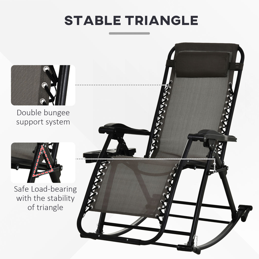 Outdoor Rocking Chairs, Foldable Reclining Zero Gravity Lounge Rocker with Pillow, Cup & Phone Holder, Combo Design with Folding Legs, Gray