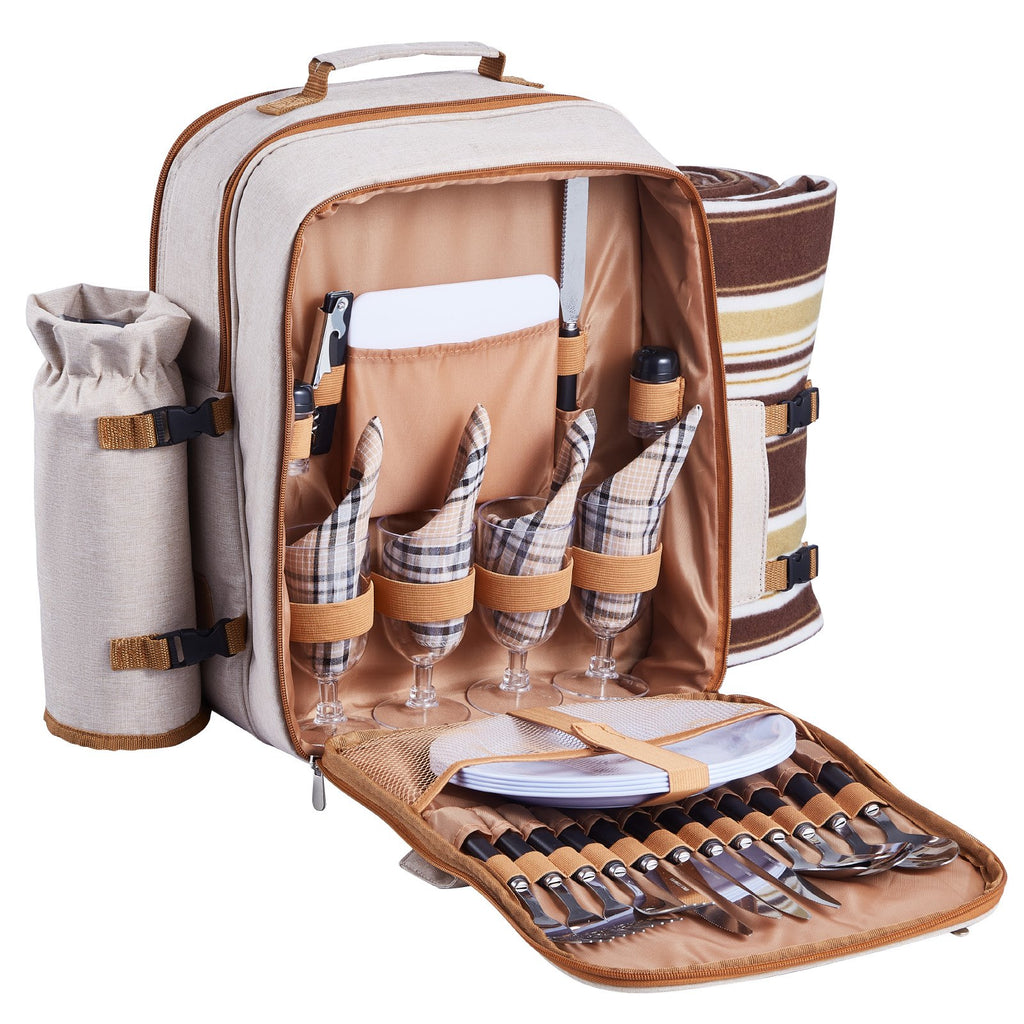 Beach Picnic Backpack Bag for 4 Person with Cooler Compartment Blanket