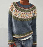 Women's Colourblock Jacquard Knit Sweater - Geometric Pattern Round Neck Pullover, Loose Fit, S-5XL - Amora