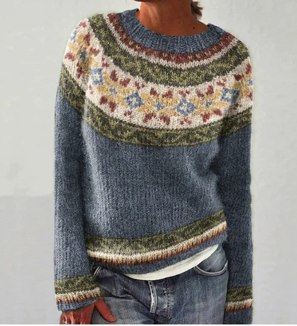 Women's Colourblock Jacquard Knit Sweater - Geometric Pattern Round Neck Pullover, Loose Fit, S-5XL - Amora