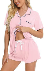 Women's Lapel Collar Loungewear Set - Short Sleeve Top and Shorts Pyjamas, Navy, Pink or Peach, XS-3XL - Amora