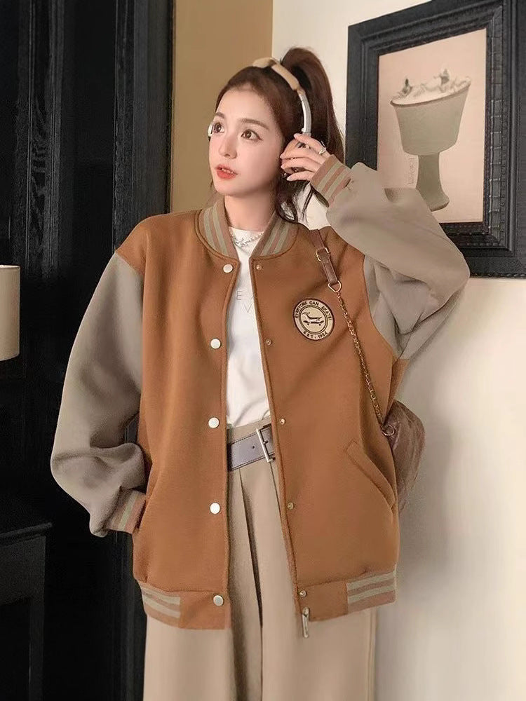 Women's Velvet Baseball Jacket - Thick Retro Varsity Bomber, Black or Light Brown, M-2XL - Amora