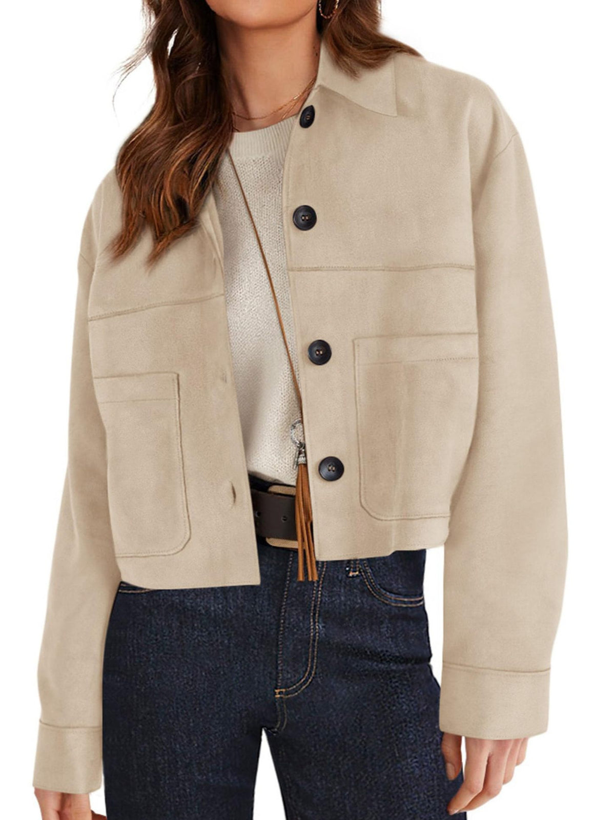 Women's Faux Suede Short Jacket - Lightweight Cropped Autumn Jacket, Eight Colours, S-XXL - Amora