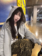 Women's Leopard Print Hooded Cardigan - Cropped Zip-Up Cotton Blend Sweatshirt, Loose Fit, M-XXL - Amora
