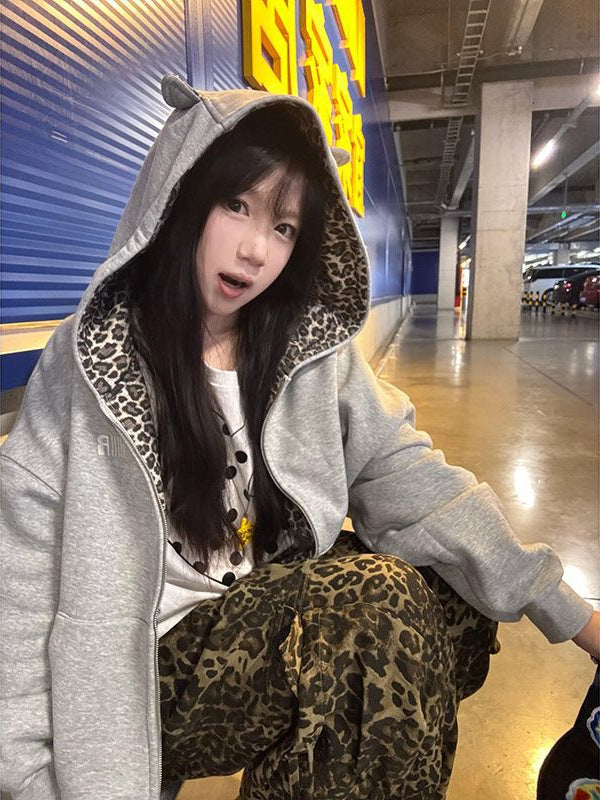 Women's Leopard Print Hooded Cardigan - Cropped Zip-Up Cotton Blend Sweatshirt, Loose Fit, M-XXL - Amora