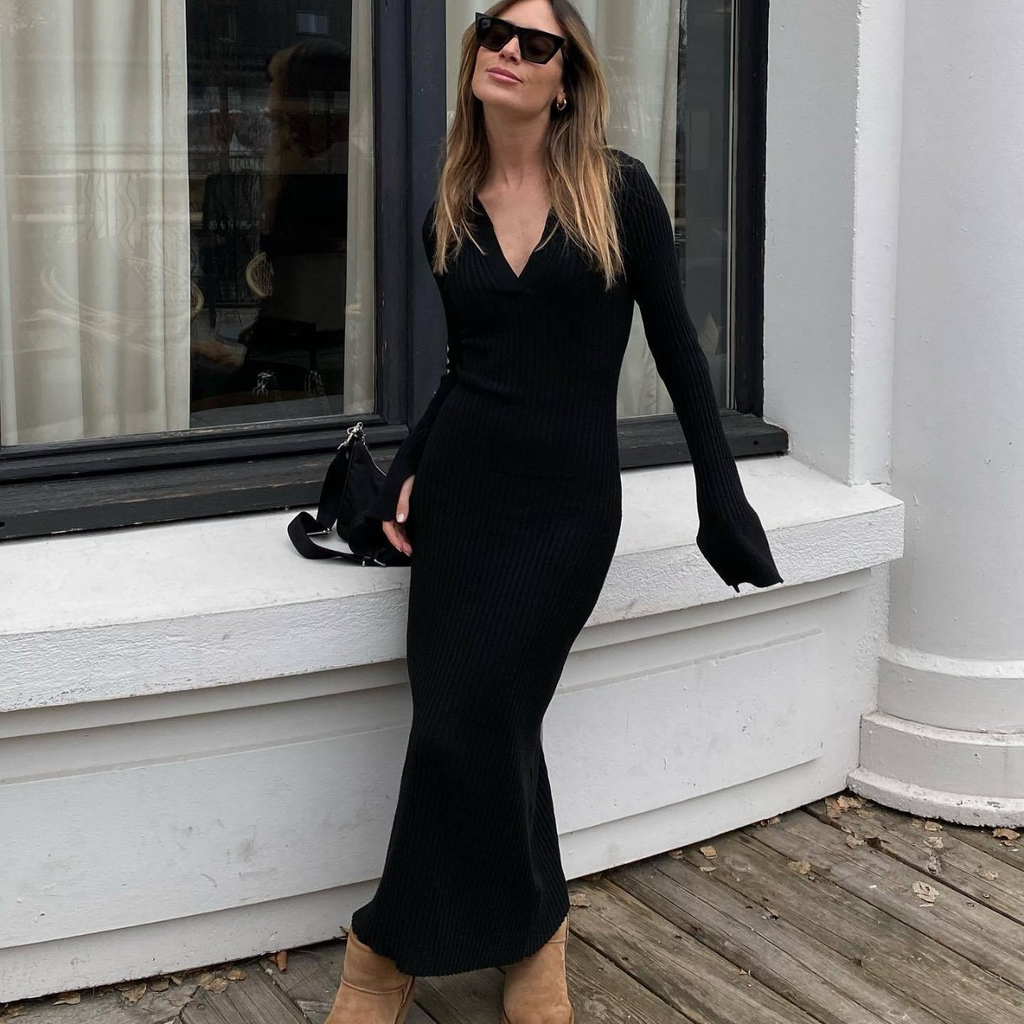 Women's Deep V Knit Dress - Long Flared Sleeve A-Line Maxi Dress, Black, S-3XL - Amora