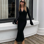 Women's Deep V Knit Dress - Long Flared Sleeve A-Line Maxi Dress, Black, S-3XL - Amora