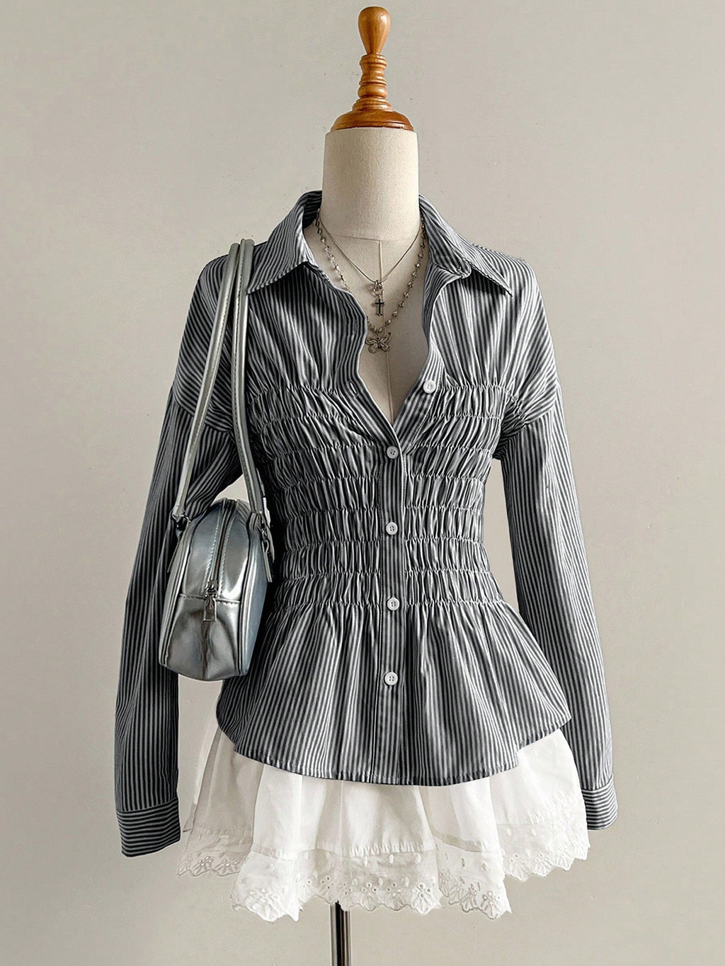 Women's Striped Shirt - Pleated Stand Collar Long Sleeve Shirt, Slim Fit, S-XL - Amora