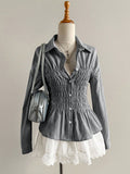 Women's Striped Shirt - Pleated Stand Collar Long Sleeve Shirt, Slim Fit, S-XL - Amora