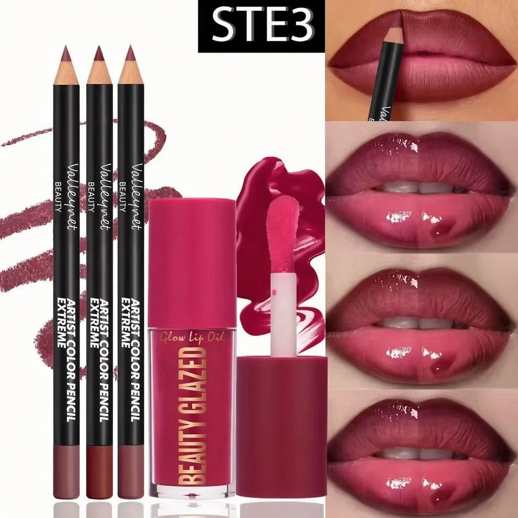 4Pcs Lip Kit Set-3Pcs Lip Liner+1Pc Lip Glaze, Waterproof&Long-Lasting Matte Effect,Versatile for Casual & Formal Occasions,