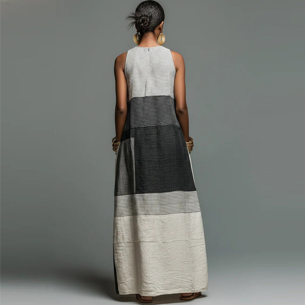 Women's Patchwork Maxi Dress - Sleeveless Colour-Block Loose Fit Dress, S-XXL - Amora