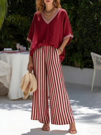 Women's Two Piece Set - V-Neck Top and Striped Wide Leg Cropped Trousers, Seven Colours, S-4XL - Amora