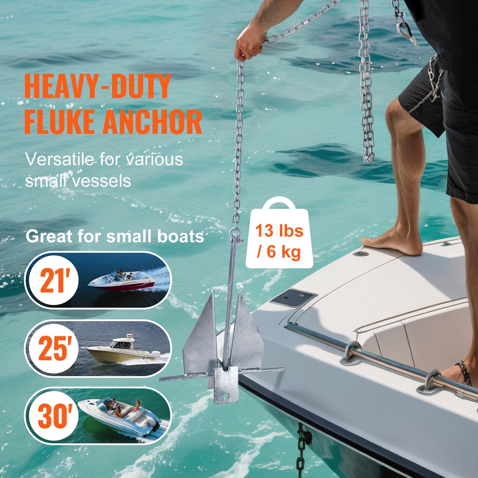 VEVOR Fluke Style Anchor Kit, 13 LBS Hot-Dipped Galvanized Steel Fluke Anchor, Marine Boat Anchor for Small Vessels under 30', Seas, Rivers and Shores