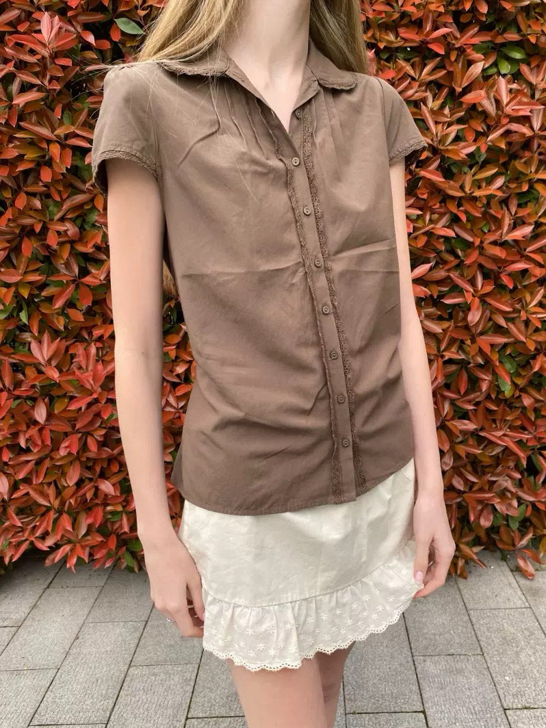 Women's Doll Collar Lace Trim Top - Cropped Short Sleeve Cotton Blouse, Brown or Beige, One Size - Amora
