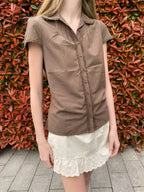 Women's Doll Collar Lace Trim Top - Cropped Short Sleeve Cotton Blouse, Brown or Beige, One Size - Amora