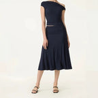 Women's Off-Shoulder Two Piece Set - Padded Top and High Waist Skirt, Black, XS-2XL - Amora