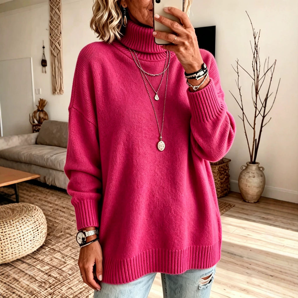 Women's High Neck Knit Sweater - Thick Loose Fit Pullover, Black, Grey & Emerald, S-3XL - Amora