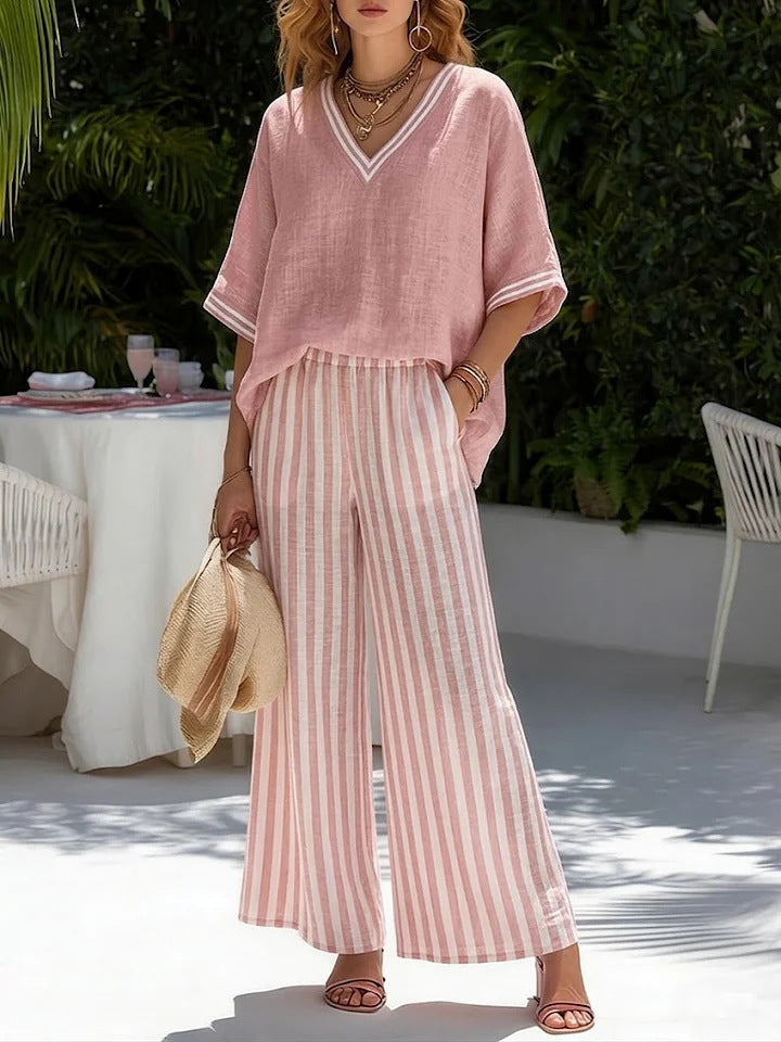 Women's Two Piece Set - V-Neck Top and Striped Wide Leg Cropped Trousers, Seven Colours, S-4XL - Amora