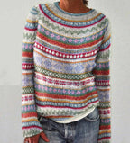 Women's Colourblock Jacquard Knit Sweater - Geometric Pattern Round Neck Pullover, Loose Fit, S-5XL - Amora