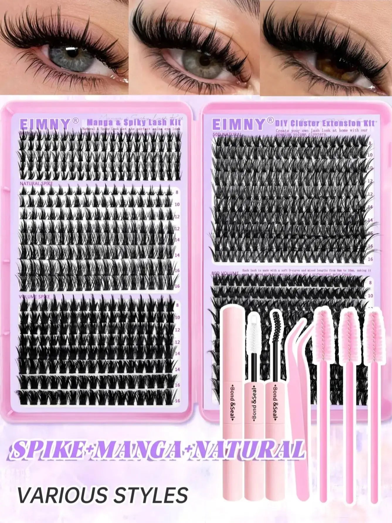 720/200Pcs Eyelash Extension Kit Fluffy Eyelash Extension Kit with Lash Bond and Seal Lash Tweezers Thick Lash Clusters Wispy