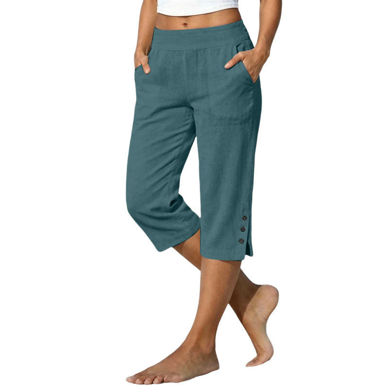 Women's Cotton Linen Cropped Trousers - High Waist Loose Fit Pants with Pockets, Six Colours, XS-5XL - Amora
