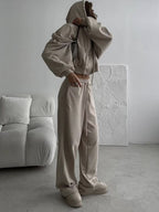 Women's Hooded Zip-Up Tracksuit Set - Loose Fit Cotton Blend Hoodie and Trousers, Five Colours, S-L - Amora