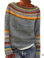 Women's Colourblock Jacquard Knit Sweater - Geometric Pattern Round Neck Pullover, Loose Fit, S-5XL - Amora