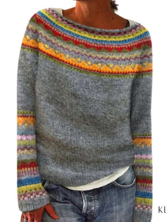 Women's Colourblock Jacquard Knit Sweater - Geometric Pattern Round Neck Pullover, Loose Fit, S-5XL - Amora