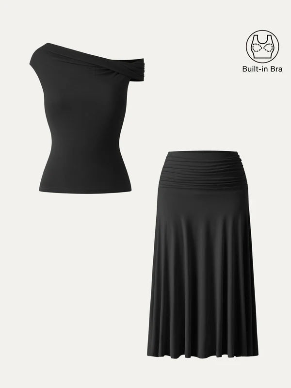Women's Off-Shoulder Two Piece Set - Padded Top and High Waist Skirt, Black, XS-2XL - Amora