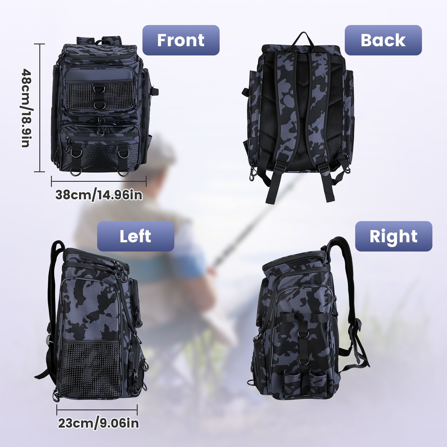 42L 11Gal Fishing Backpack Large Capacity Fishing Tackle Storage Bag with Rod Holders 16 Pocket Water-Resistant with Divider Adjustable Padded Straps for Fishing Gear Outdoor Camping Hiking
