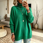 Women's High Neck Knit Sweater - Thick Loose Fit Pullover, Black, Grey & Emerald, S-3XL - Amora