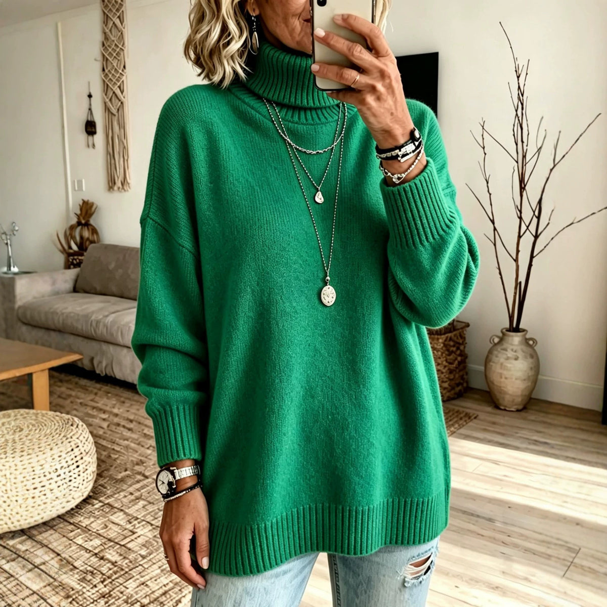 Women's High Neck Knit Sweater - Thick Loose Fit Pullover, Black, Grey & Emerald, S-3XL - Amora