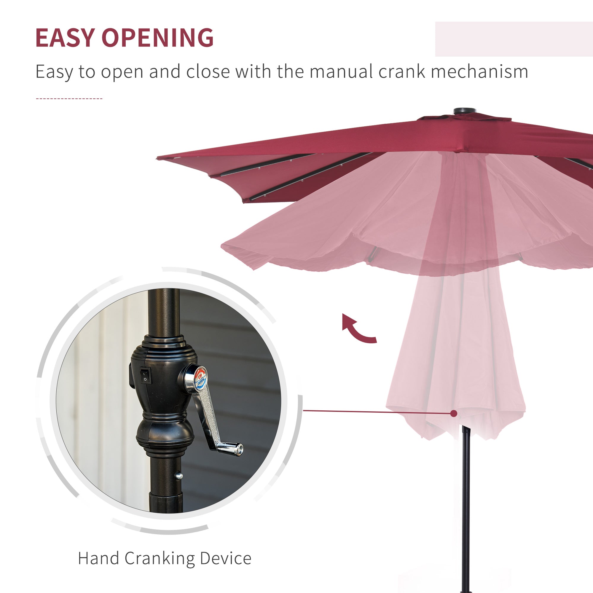 9Ft Solar LED Patio Umbrella Outdoor Table Market Shade Crank Red