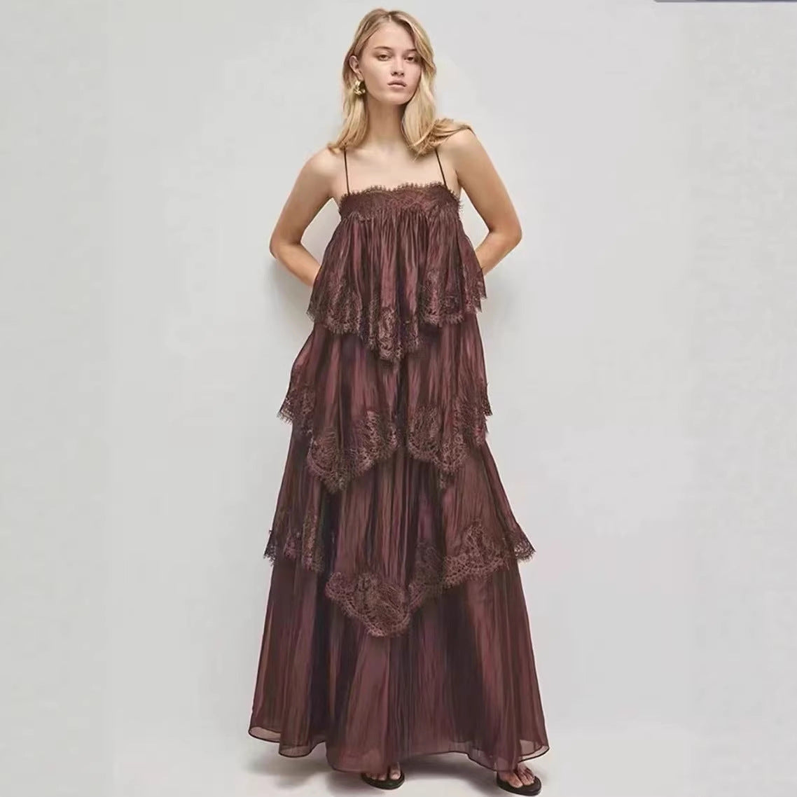 Women's Lace Strappy Maxi Dress - Gradient Vintage Evening Dress, Four Colours, S-XL - Amora
