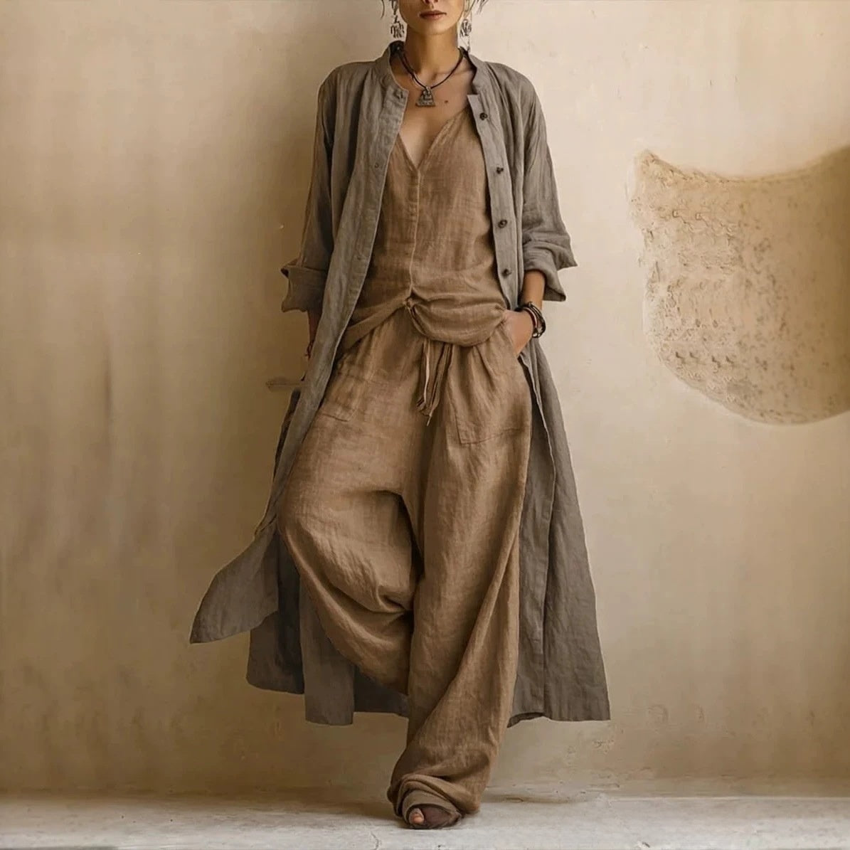 Women's Shirt and Wide Leg Trouser Set - Minimalist Two Piece, Apricot or Dark Brown, S-3XL - Amora