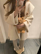 Women's Hooded Coat - Lace-Up Front Loose Fit Mid-Length Coat, Off-White, Dark Grey or Black, XS-L - Amora