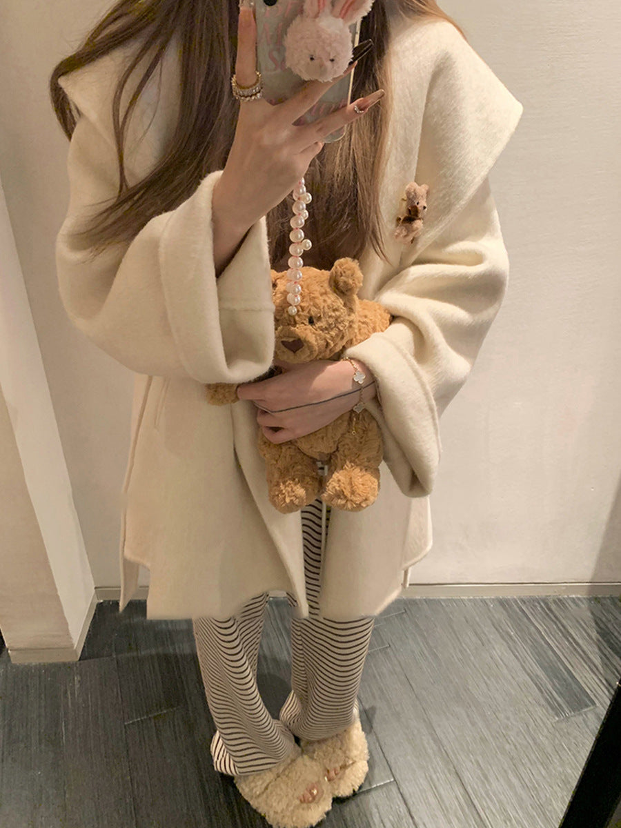 Women's Hooded Coat - Lace-Up Front Loose Fit Mid-Length Coat, Off-White, Dark Grey or Black, XS-L - Amora