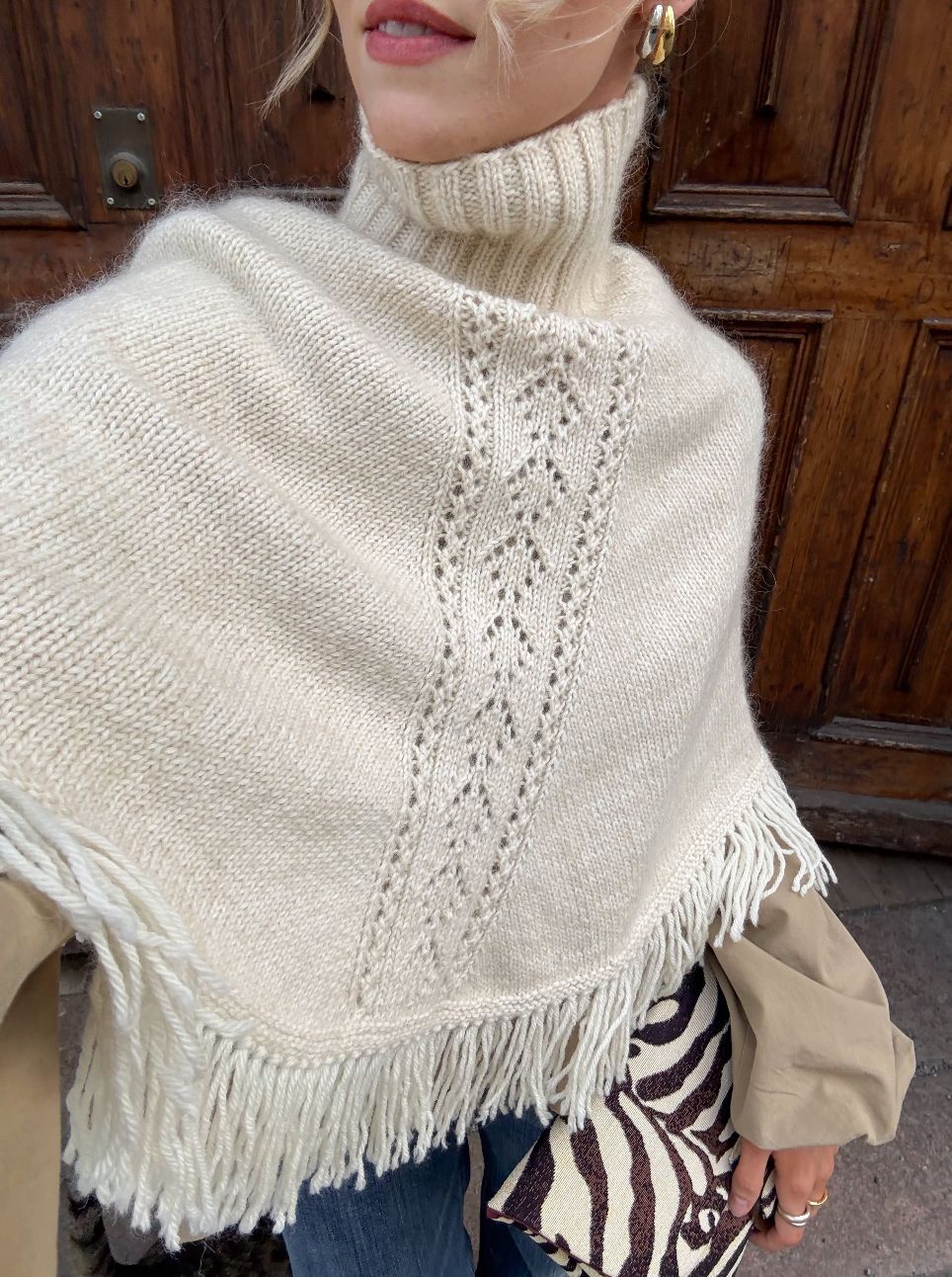 Women's Tassel Edge Knit Sweater - High Shawl Collar Slim Fit Top, Viscose Nylon Blend, Cream, S-L - Amora