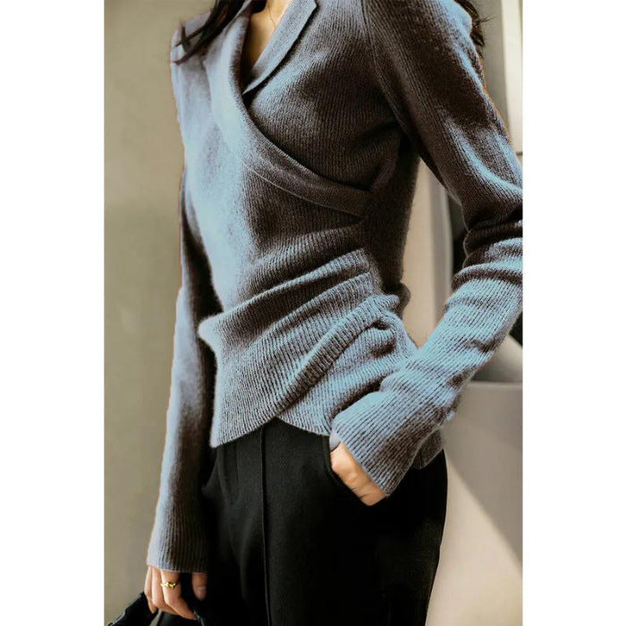 Women's Slim Fit Knit Sweater - Cropped Suit Collar Pullover, Soft Polyester Blend, One Size - Amora