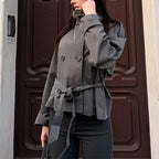 Women's Short Trench Coat - Double-Breasted Lapel Coat, Loose Fit, Burgundy, Khaki & Green, S-3XL - Amora