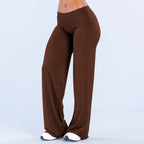 Women's Flared Yoga Trousers - Wide Leg Stretch Leggings with Flap Detail, Fifteen Colours, XS-XL - Amora