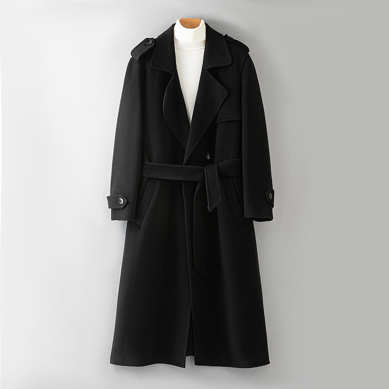 Wool Coat - Double-Breasted Reversible Longline Overcoat, Black or Olive Green, L-4XL - Amora