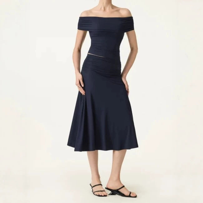 Women's Off-Shoulder Two Piece Set - Padded Top and High Waist Skirt, Black, XS-2XL - Amora
