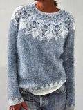 Women's Colourblock Jacquard Knit Sweater - Geometric Pattern Round Neck Pullover, Loose Fit, S-5XL - Amora
