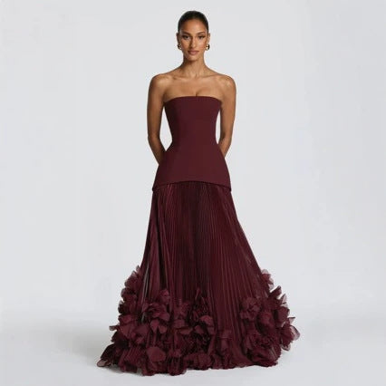 Women's Strapless Evening Gown - 3D Petal Pleated Ball Dress with Train, Six Colours, XS-XXL - Amora