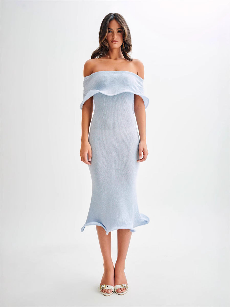 Women's Off-Shoulder Knit Maxi Dress - Ruffle Hem High Waist Dress, White or Blue, S-L - Amora